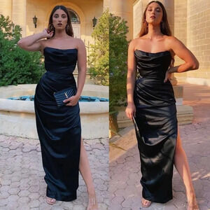 House of CB XS PLUS CUP Adrienne black satin strapless corset‎ maxi dress